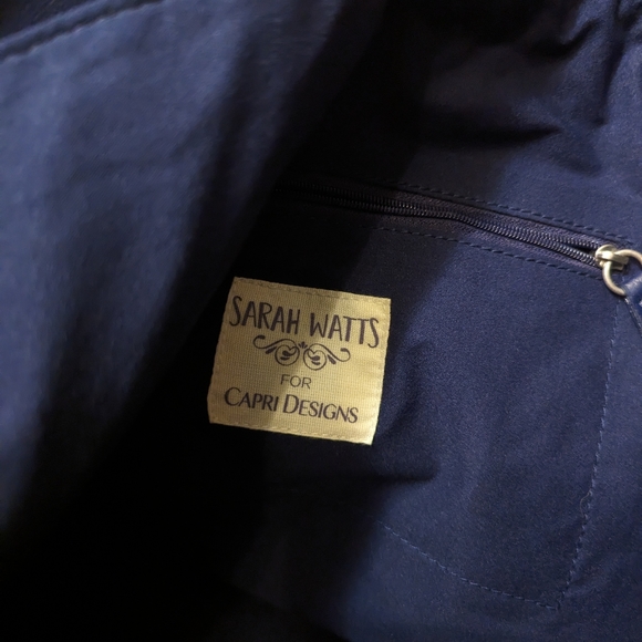 Sarah Watts crabby orange pattern messenger bag with blue leather strap - Picture 8 of 15